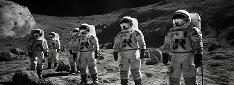 A group of astronauts in space suits standing on a rocky lunar surface, captured in black and white, evoking a sense of exploration and discovery.